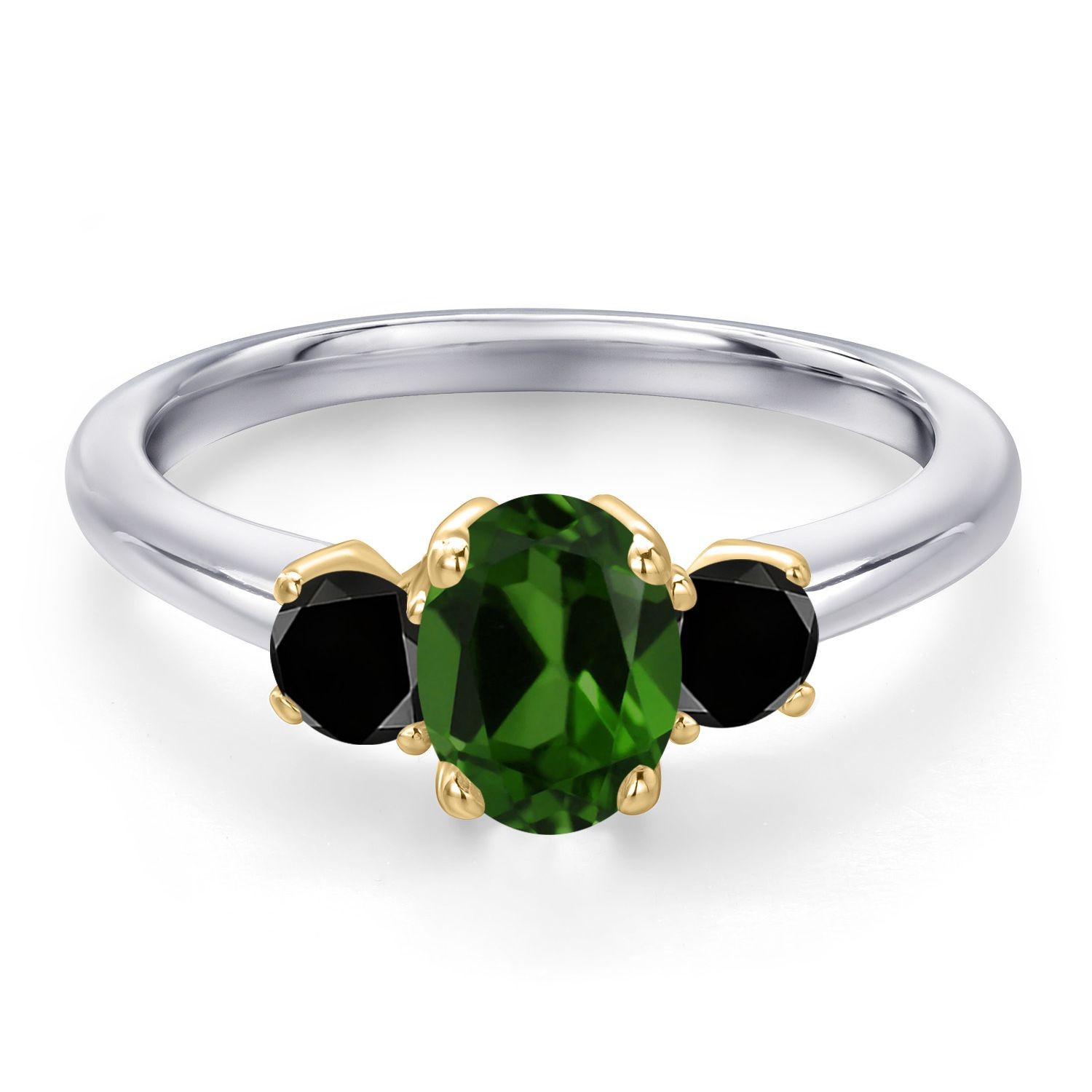 925 Silver and 10K Yellow Gold Green Chrome Diopside and Black Diamond
