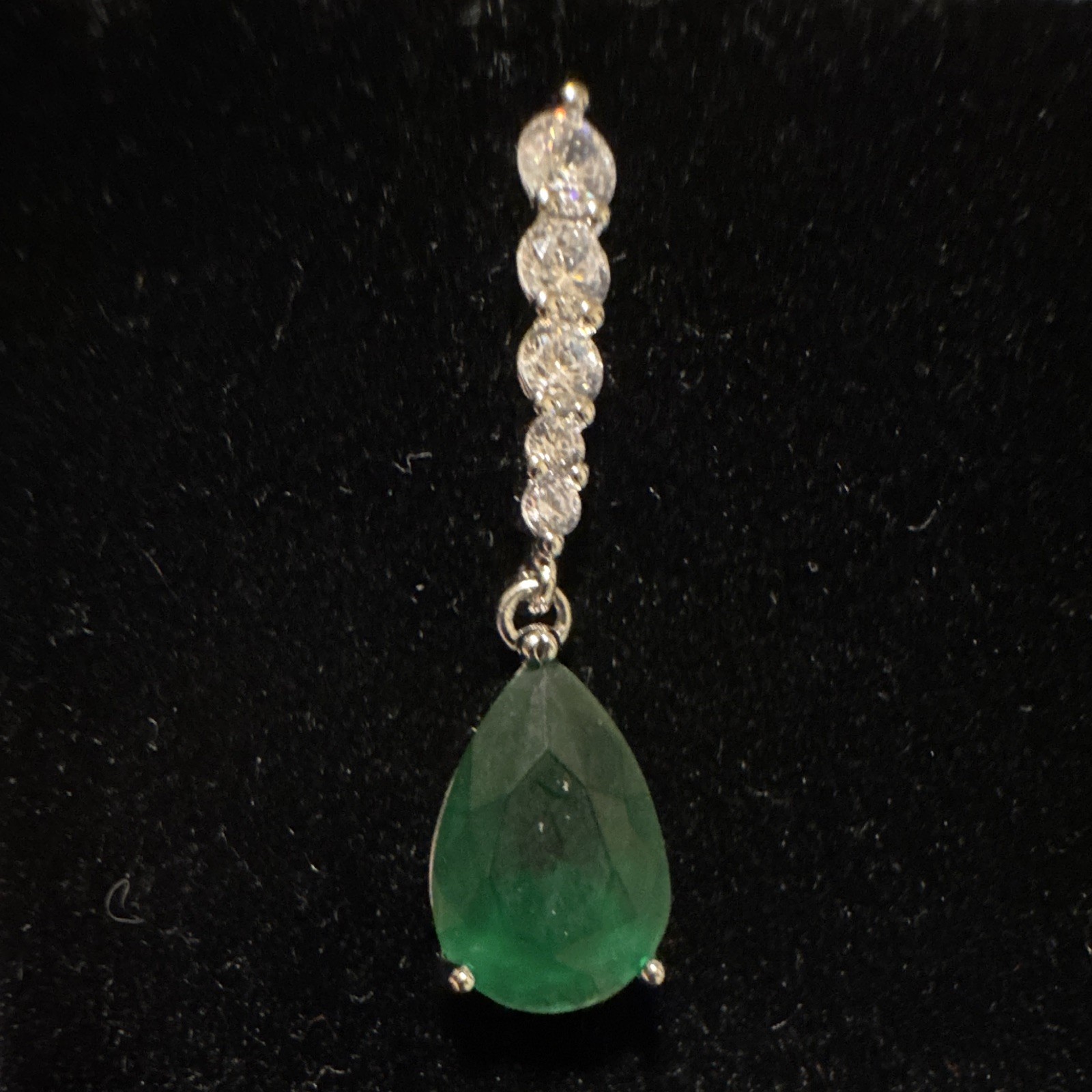 Silver Tone Dangle Drop Earrings Green Teardrop Stone & Clear Rhinestones