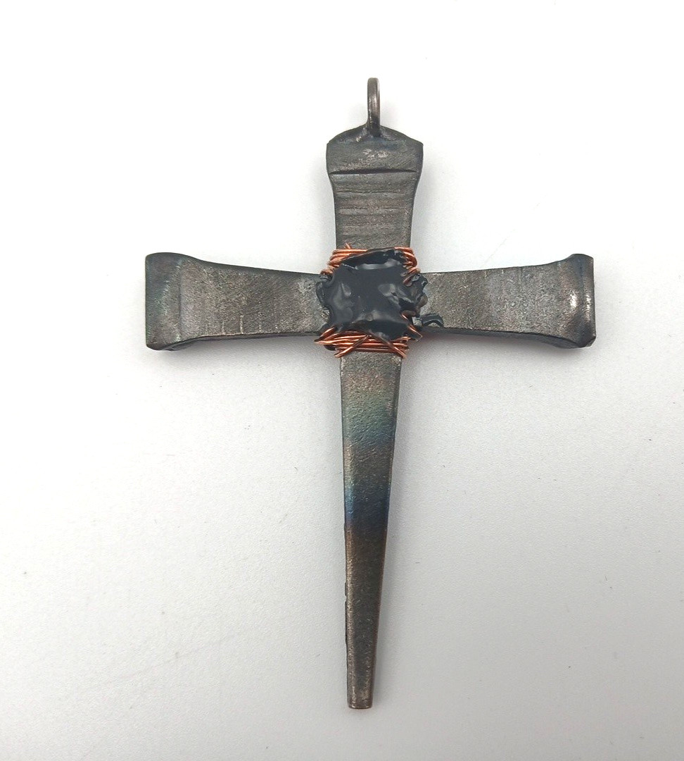 Handmade Steel Copper Cross Pendant Brutalist Rustic 3.25″