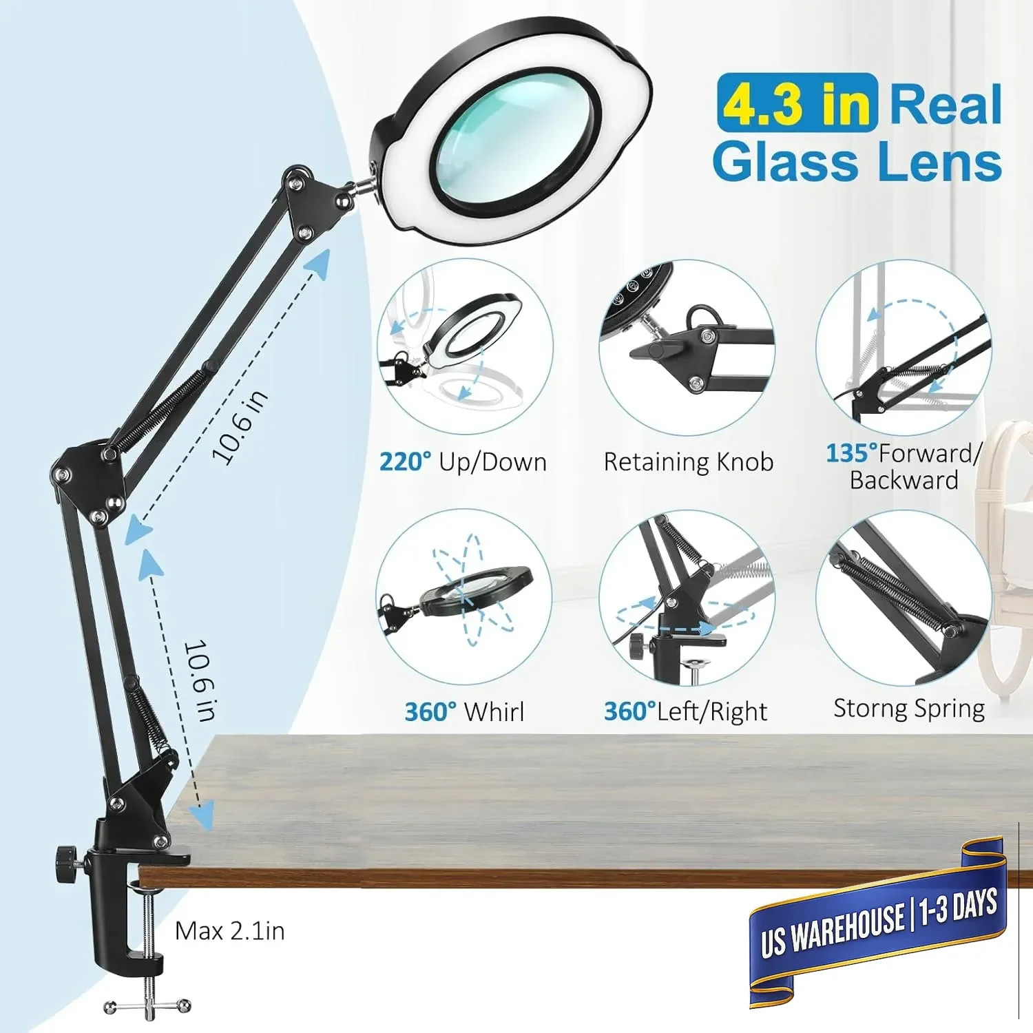 12X Magnifying Glass with Light and Stand, Upgrade Real Glass Magnifying lamp, 5