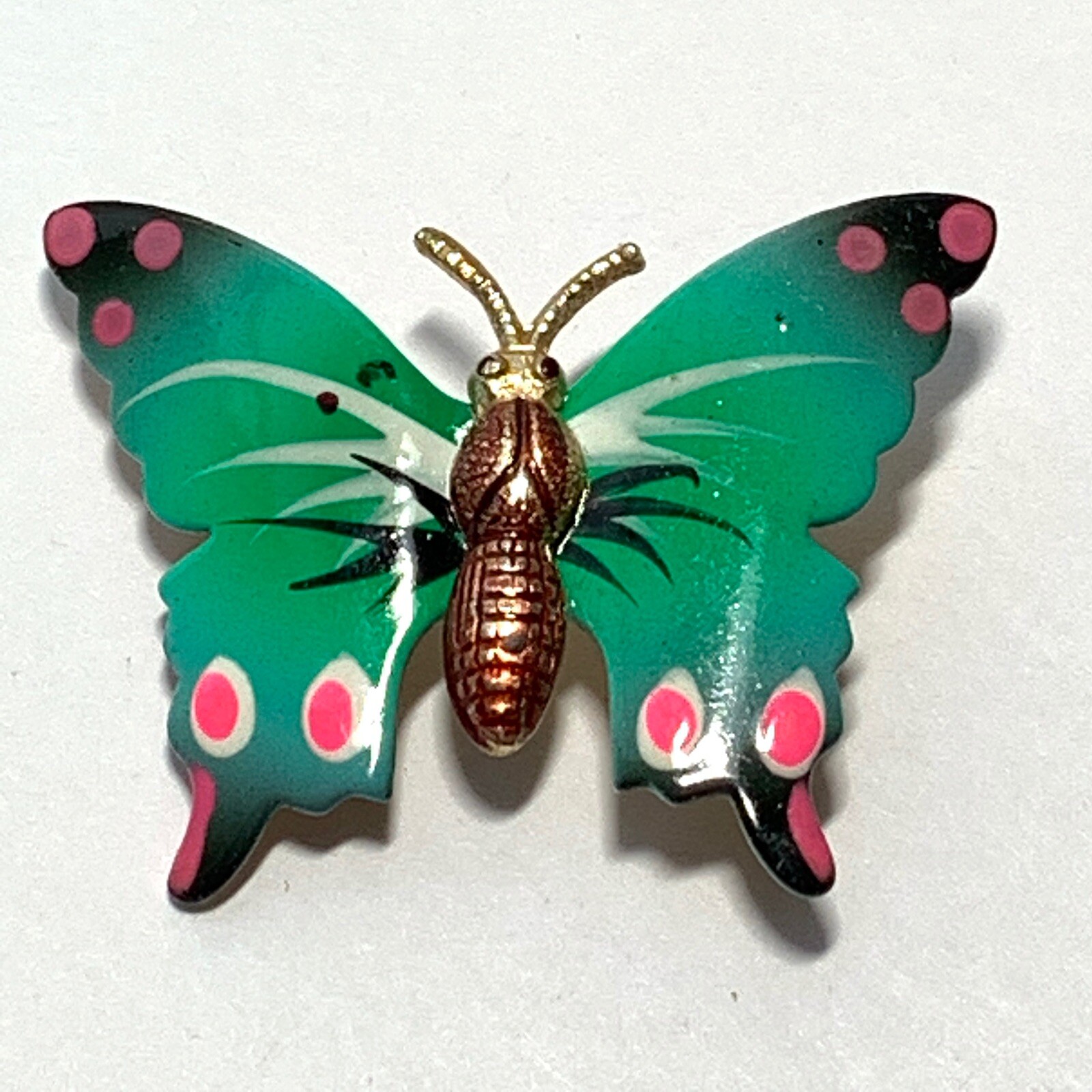 VINTAGE KOREA Green Enamel BUTTERFLY PIN Gold Tone Pink Black Spots 1.5″