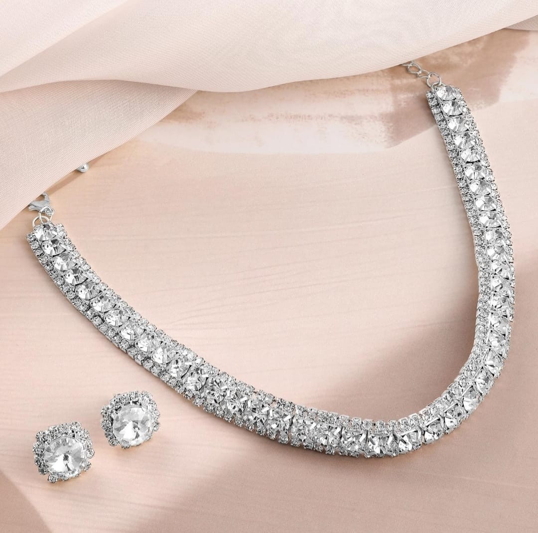 Indian bollywood silver imitation crystal necklece set women and girls