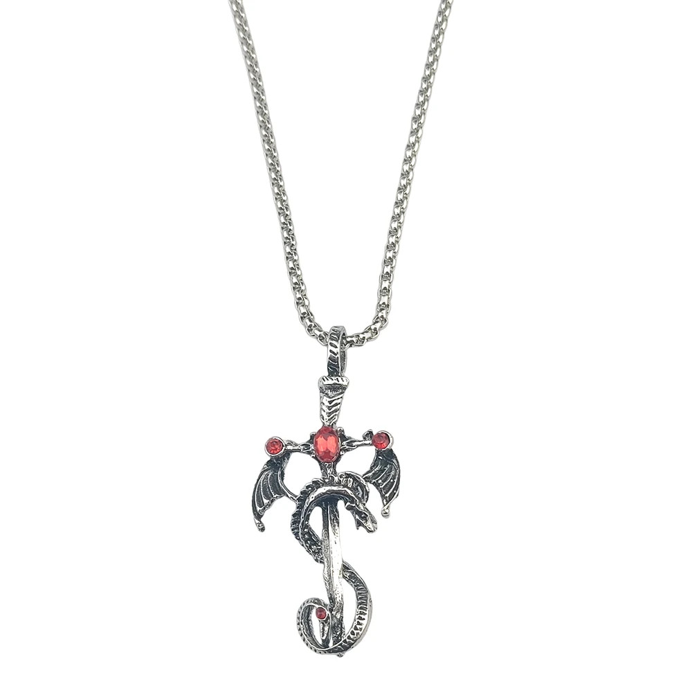 Vintage Imitation Gemstone Dragon Sword Pendant Necklace Accessories Stainless S