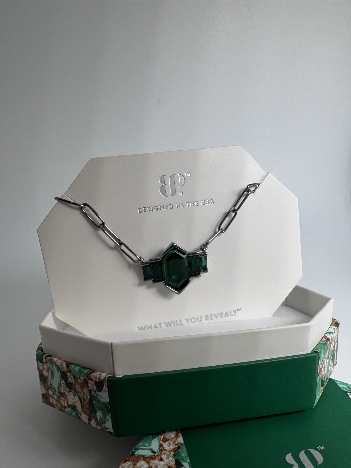 Bomb Party May 2025 Necklace NK93233 “Luxe Allure” Emerald on Hematite Plating