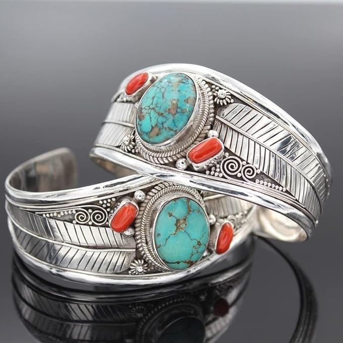 Vintage Turquoise Crystal Bracelet Silver Color Leaf Open Cuff Woman Jewelry