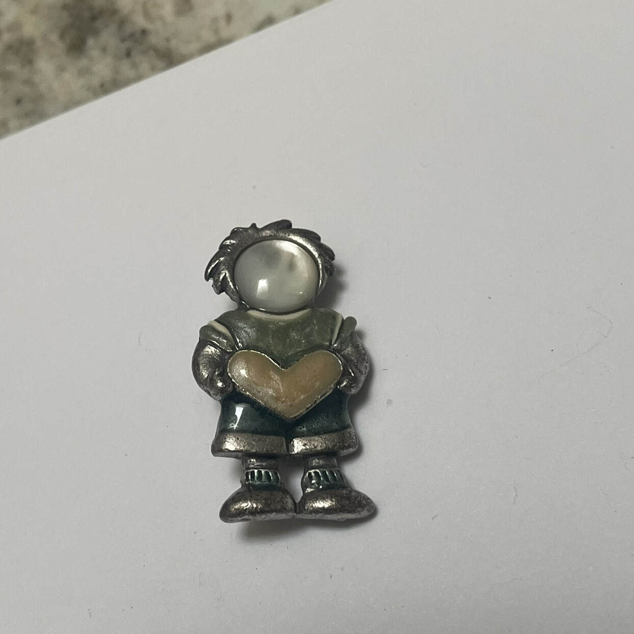 Signed AJMC Brooch Pin Silver Tone Metal Boy Child Holding Heart Enamel