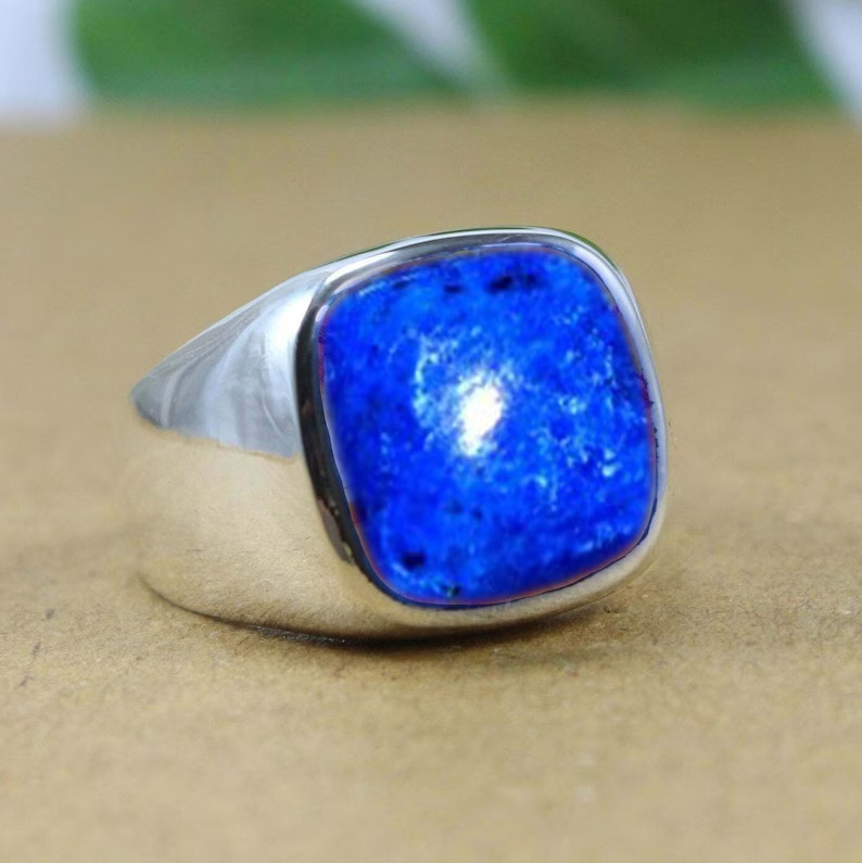Solid 925 Sterling Silver Natural Lapis Lazuli Cushion Gemstone Gift Men’s Ring
