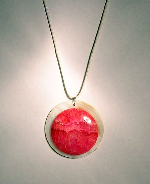 Medium Red Argentine Rhodochrosite, 40 mm Cab Necklace W/Adjustable White Cord