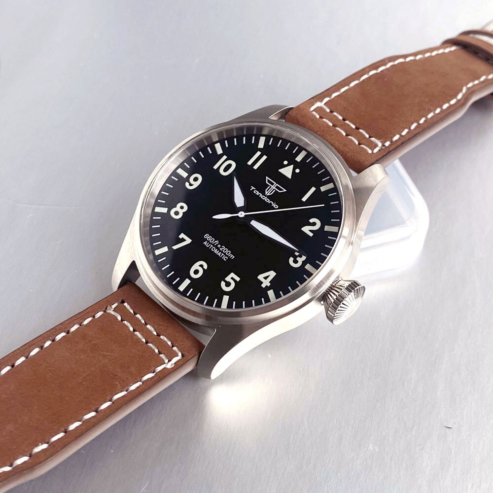 Tandorio 43mm Retro Pilot Sapphire Glass 20ATM NH35A PT5000 Men Mechanical Watch