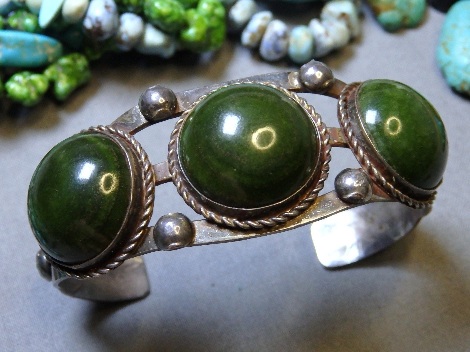 Fred Harvey Era NAVAJO Green TURQUOISE Stamped Coin Silver 40g Cuff Bracelet