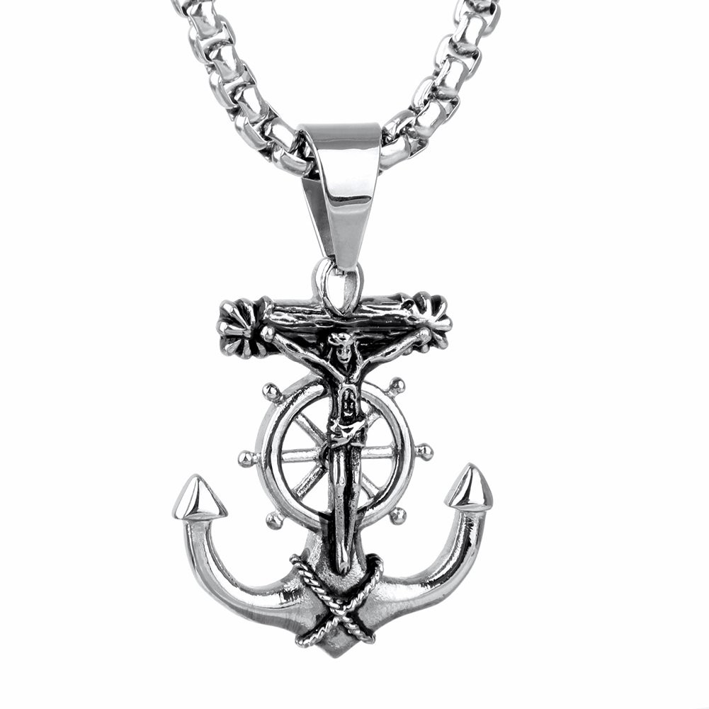 Men’s Stainless Steel Silver Nautical Anchor Jesus Cross Necklace Chain Link