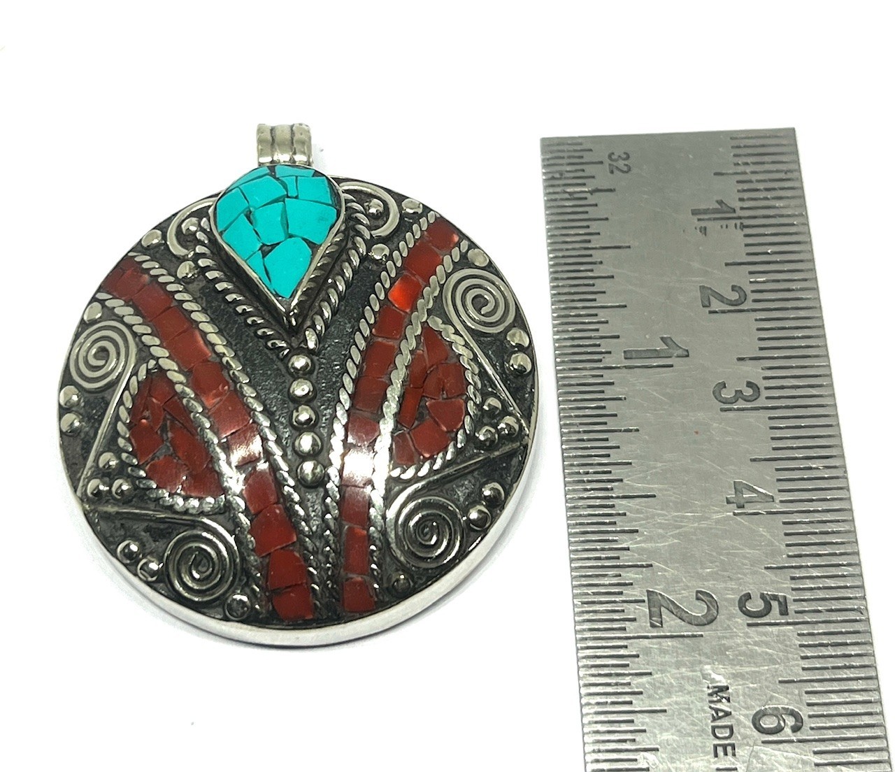 Tibetan Red Coral Turquoise Gemstone Buddhist Prayer Pendant Jewelry, 2.0 inch