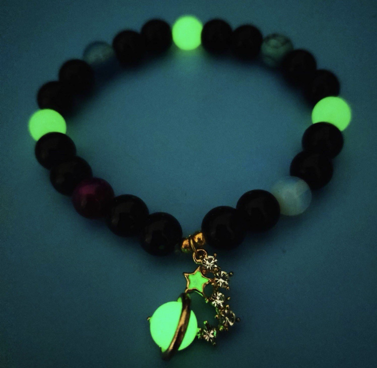 2Pcs Luminous Planet Star Beaded Bracelet Glow in The Dark Couple Bracelets