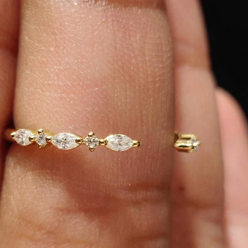 Marquise & Round Cut Moissanite 14K Gold Open Cuff Wedding Band, Gift For Her