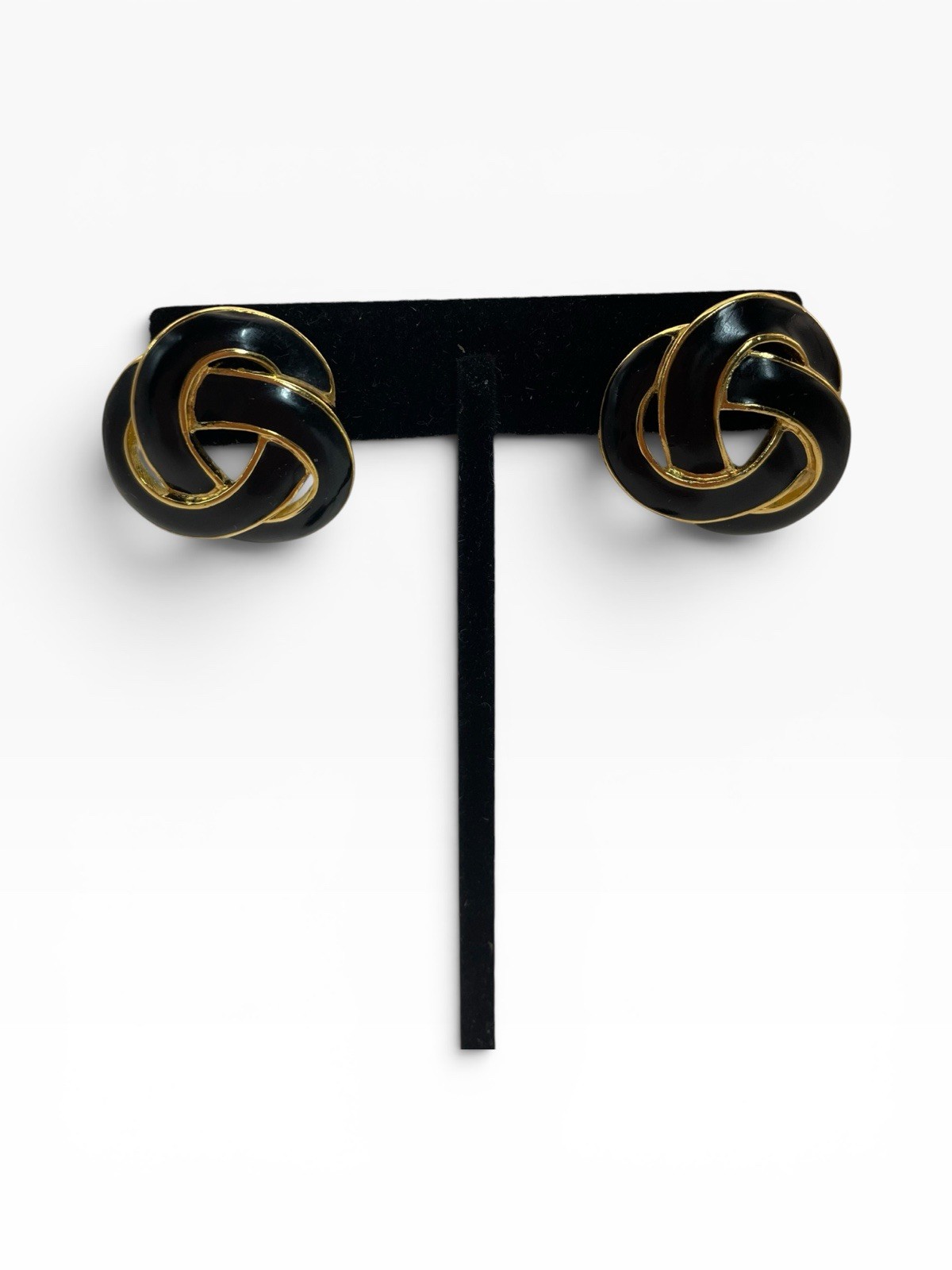 Vintage Napier Signed Black Enamel Gold Tone Interlocking Knot Pierced Earrings
