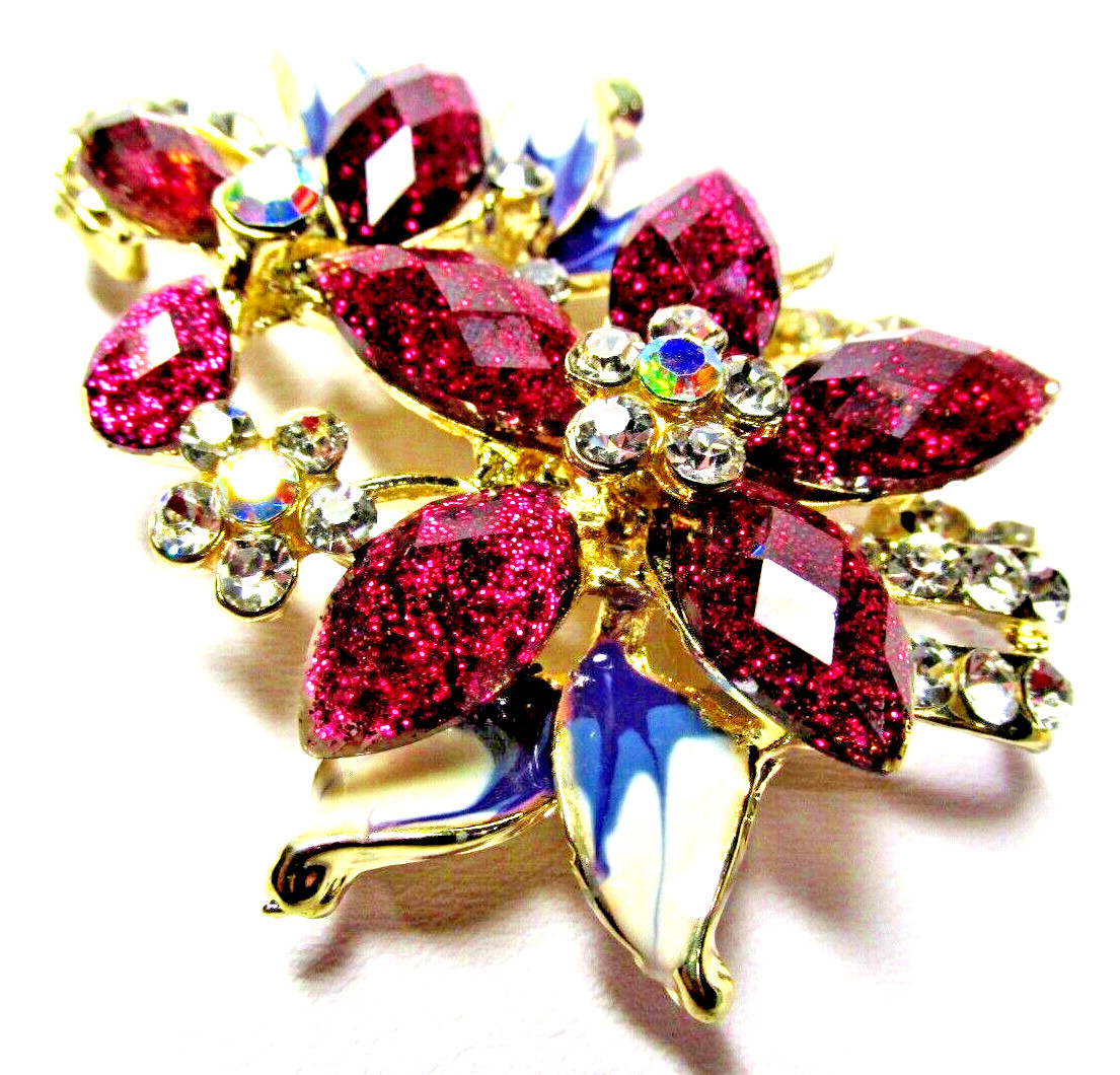Women’s Gold Tone Brown & Clear Crystal Flower Pin Brooch – NWOT – (#2359)
