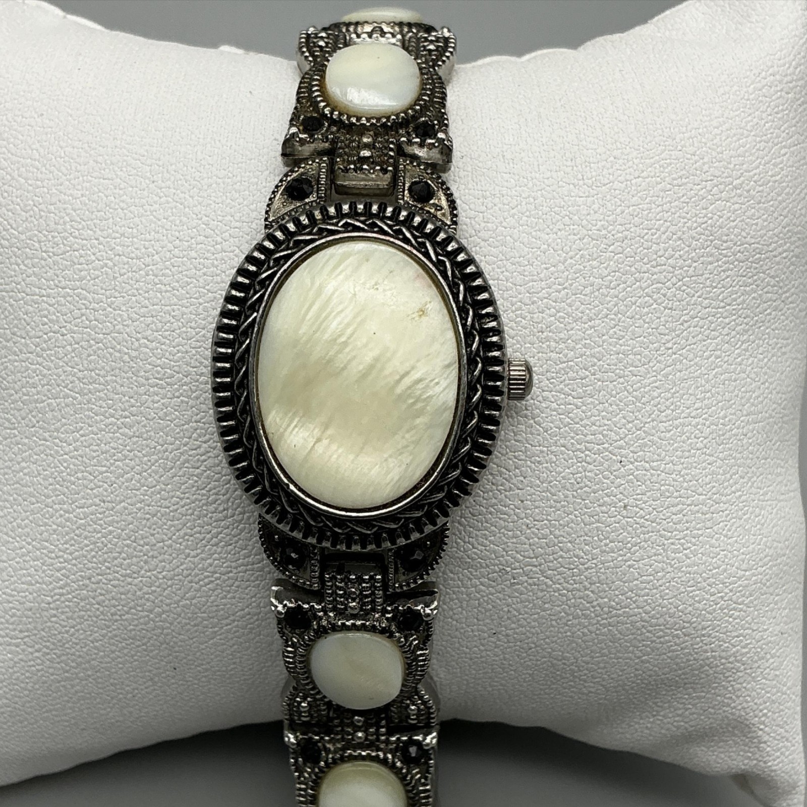 Strada Marcasite Womens Watch 23mm MOP Hidden Dial Cabochon New Battery 8″