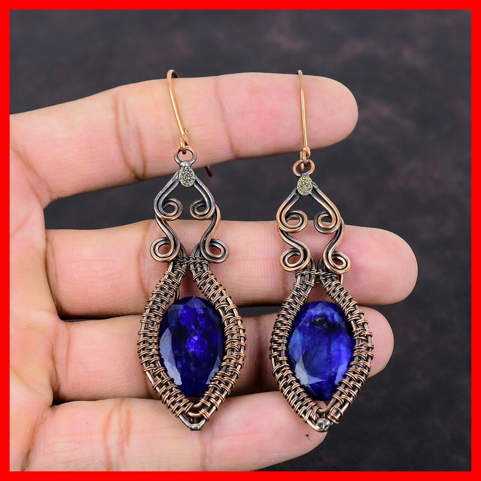 Copper Natural Blue Saphire Handcrafted Dangle New Wire Wrapped Earrings Jewelry