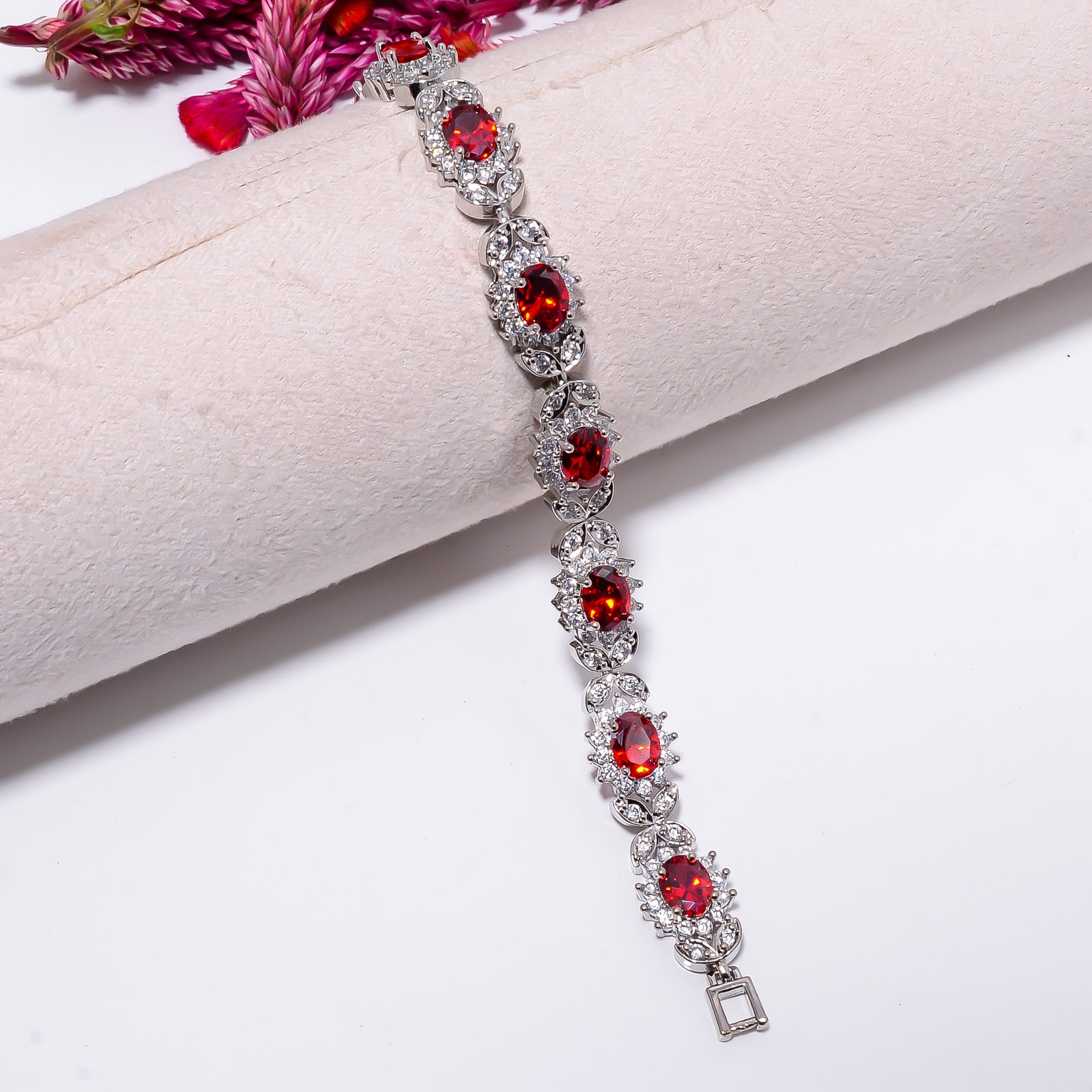 Ruby – Simulated)Spinel, CZ 925 Sterling Silver Tennis Bracelet B129021