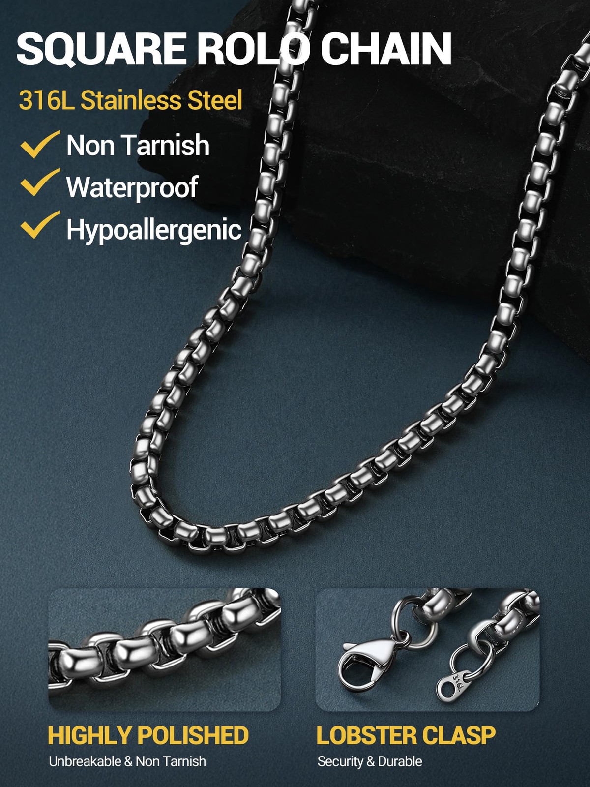 Squre Rolo Link Chains, Stainless Steel Chain Necklace Waterproof & Strong Lo…
