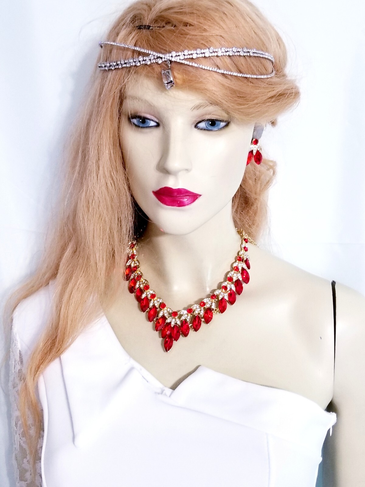 Red Crystal Choker Rhinestone Necklace Earring Set Bridal Prom Pageant