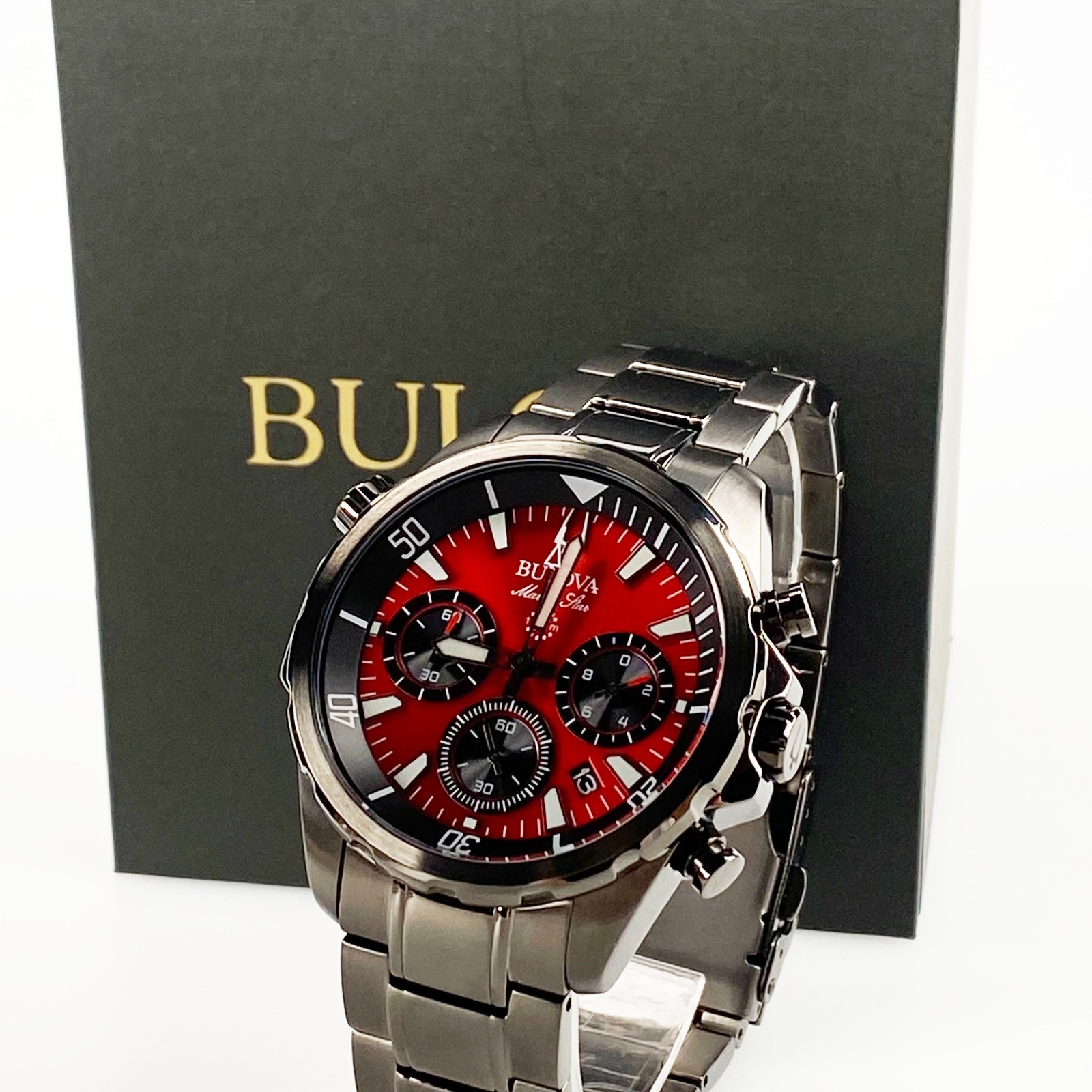 New Bulova 43 mm Marine Star Red Dial Men’s Quartz Chronograph Watch 98B350