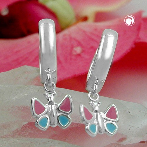 Silver 925 Kids Hoop Earrings 22x3mm Hinged Hinge Butterfly Coloured Painted