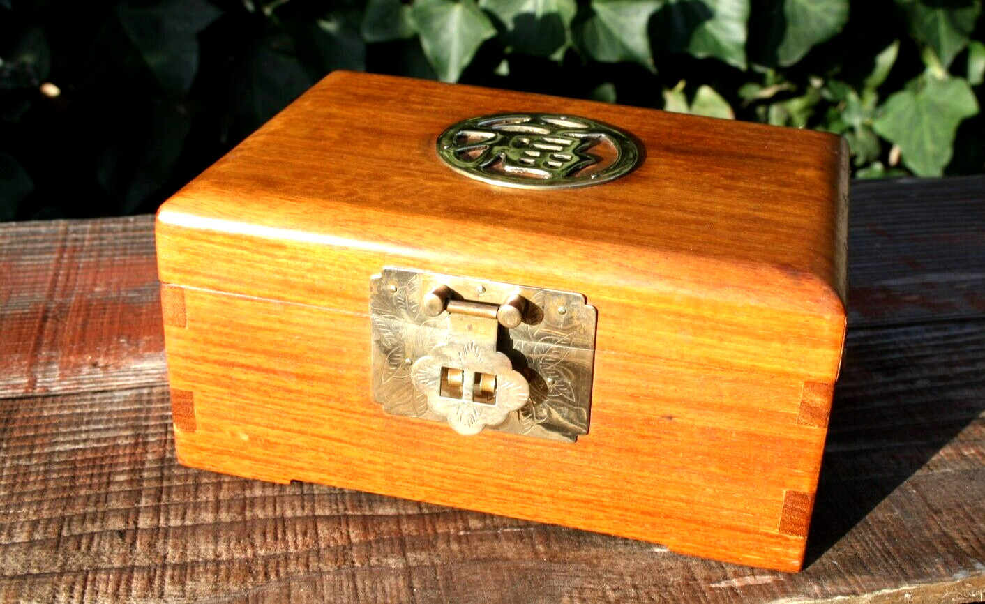 Vintage Chinese Wood & Brass Jewelry Box with Gold Silk Lining Dovetailed