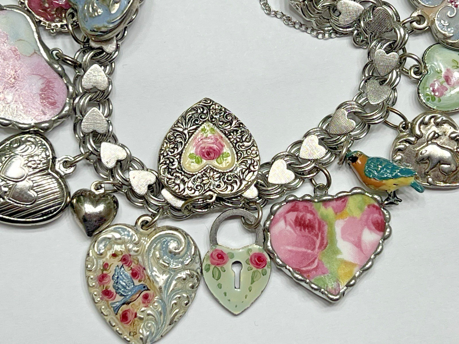 Vintage Puffy Hearts Charm Bracelet Sterling Silver Estate Pink Heart Charms US
