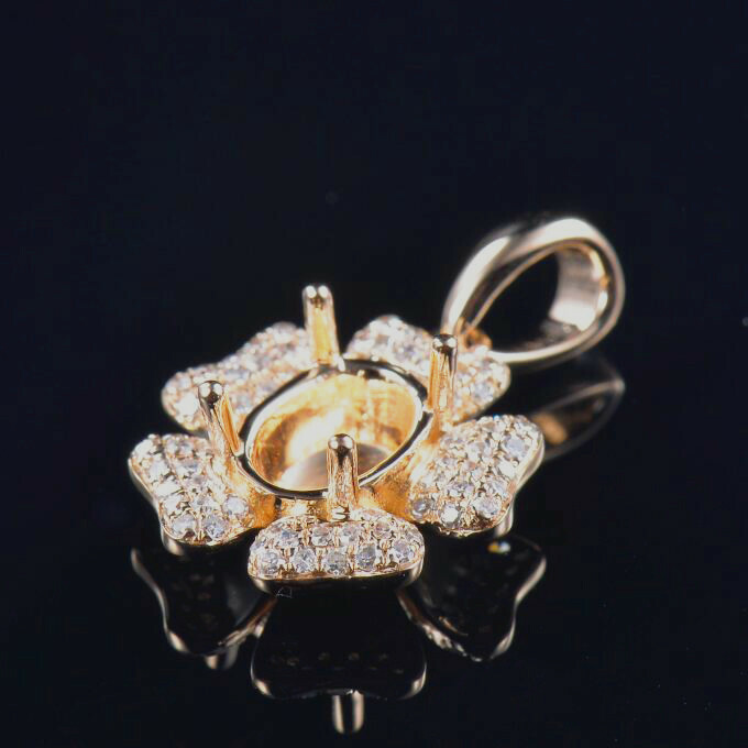 Oval Cut 7×5MM 14K Yellow Gold Natural Diamond Semi Mount Flower Pendant Setting
