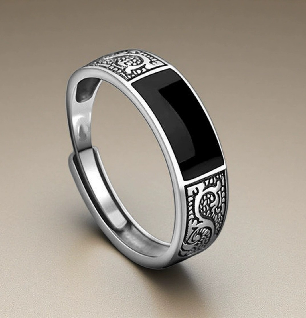 Men’s Vintage Dragon Engraved Black Enamel Adjustable Silver Tone Open Ring