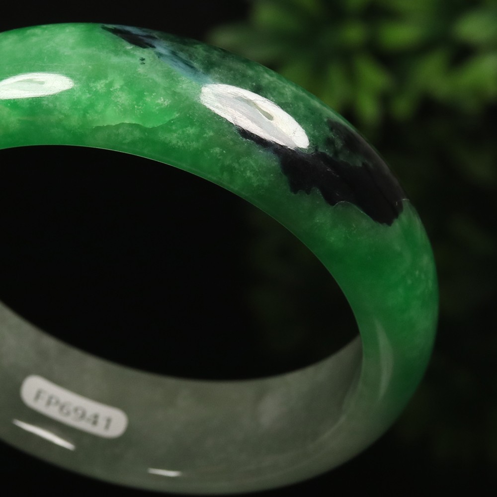 61mm Black Emerald Green Jadeite Jade Bangle Bracelet Burma Jade Bangle A-13935
