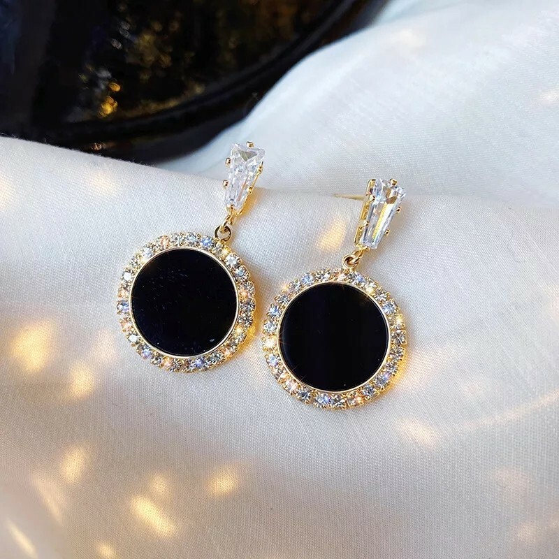 S925 Silver Needle Korean Black Round Rhinestone Earrings Ear New Fashion