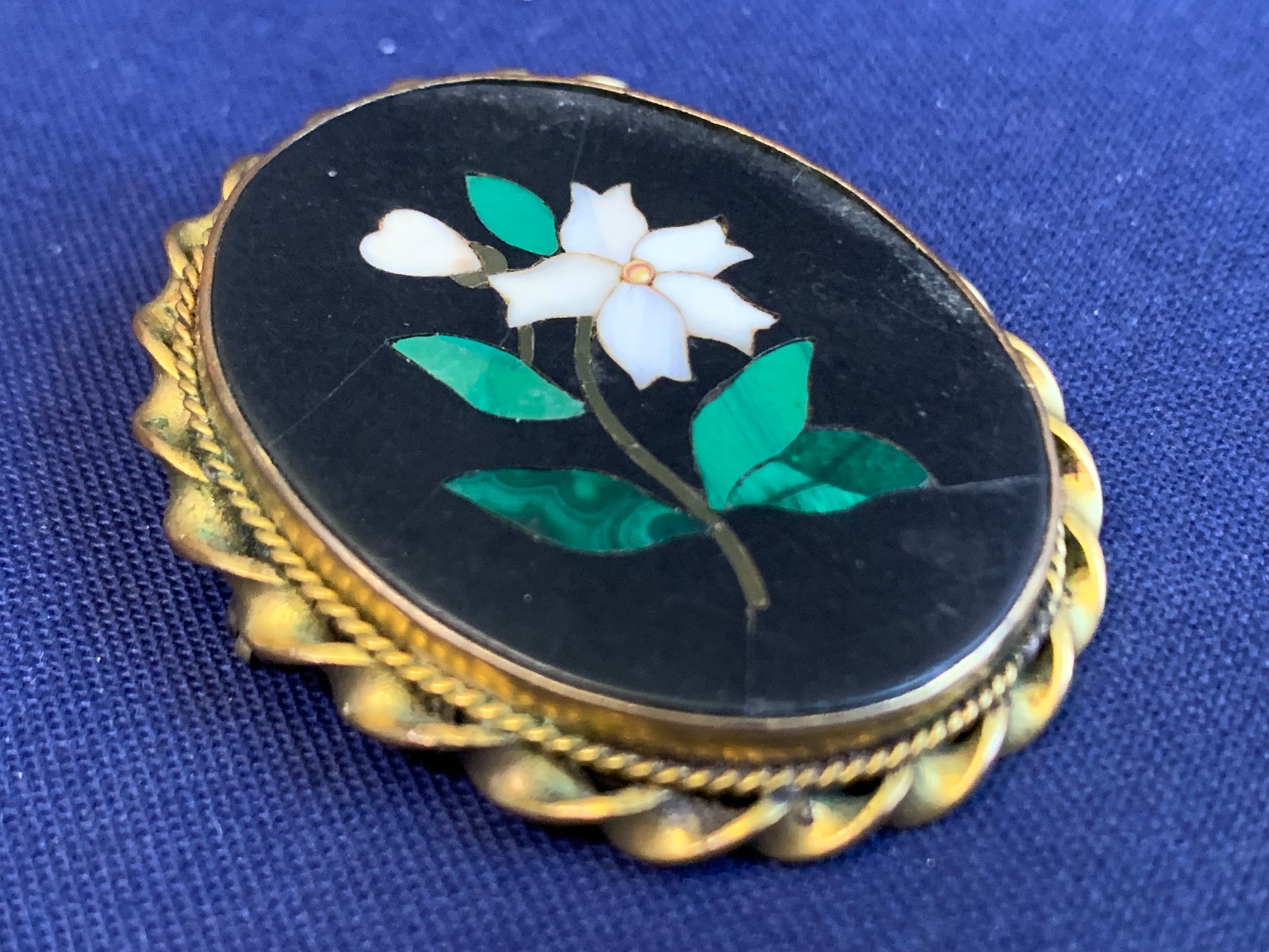 Antique Pietra Dura Brooch Costume Jewelry White Flower Floral Stone Inlay Pin