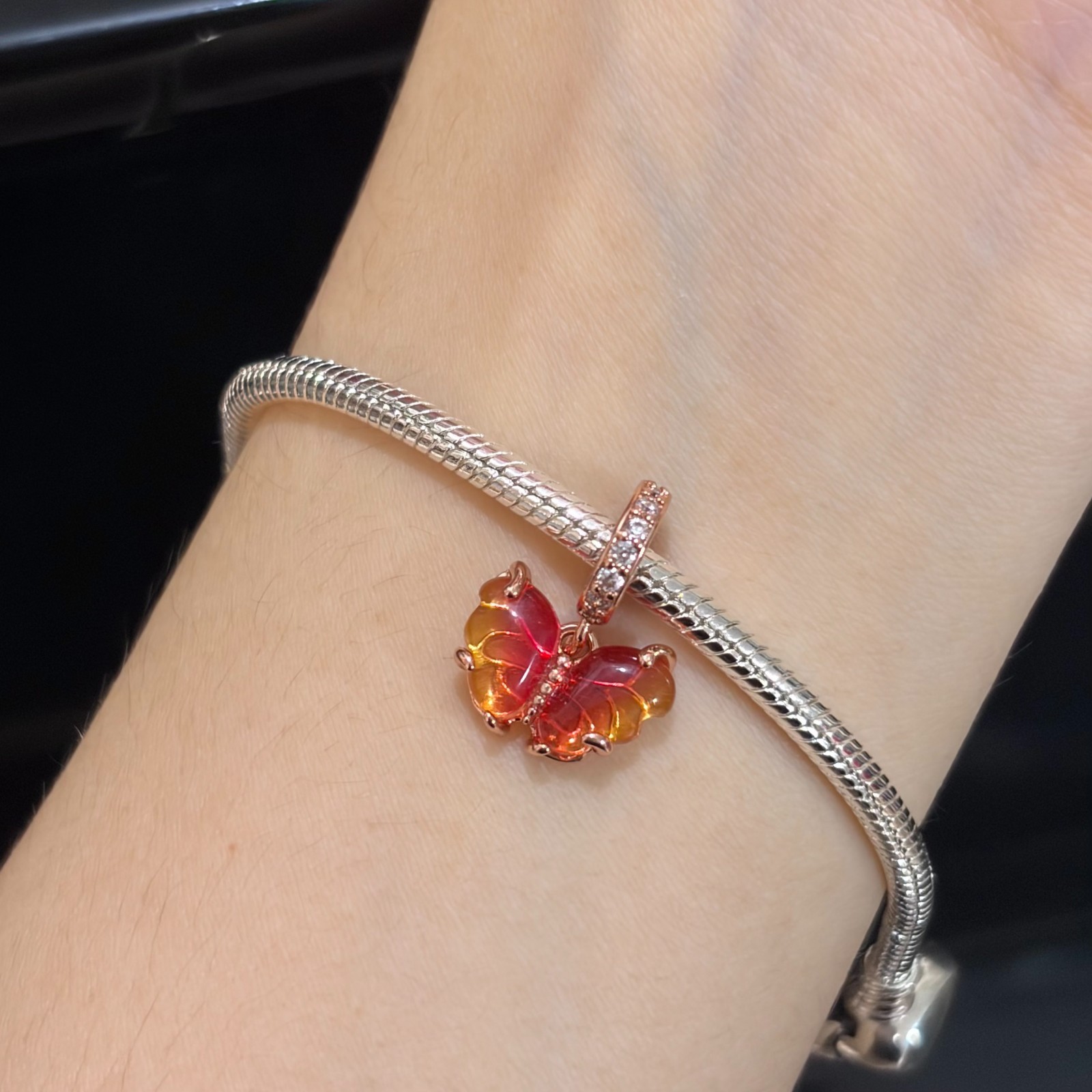 Pandora Pink and Yellow Murano Glass Butterfly Dangle 14K Rose Gold-Plated