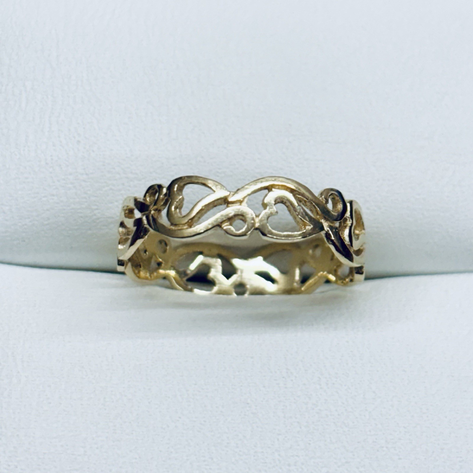 14k Yellow Gold Heart Link Eternity Filigree Spiral Link Scroll Work Ring Size 7