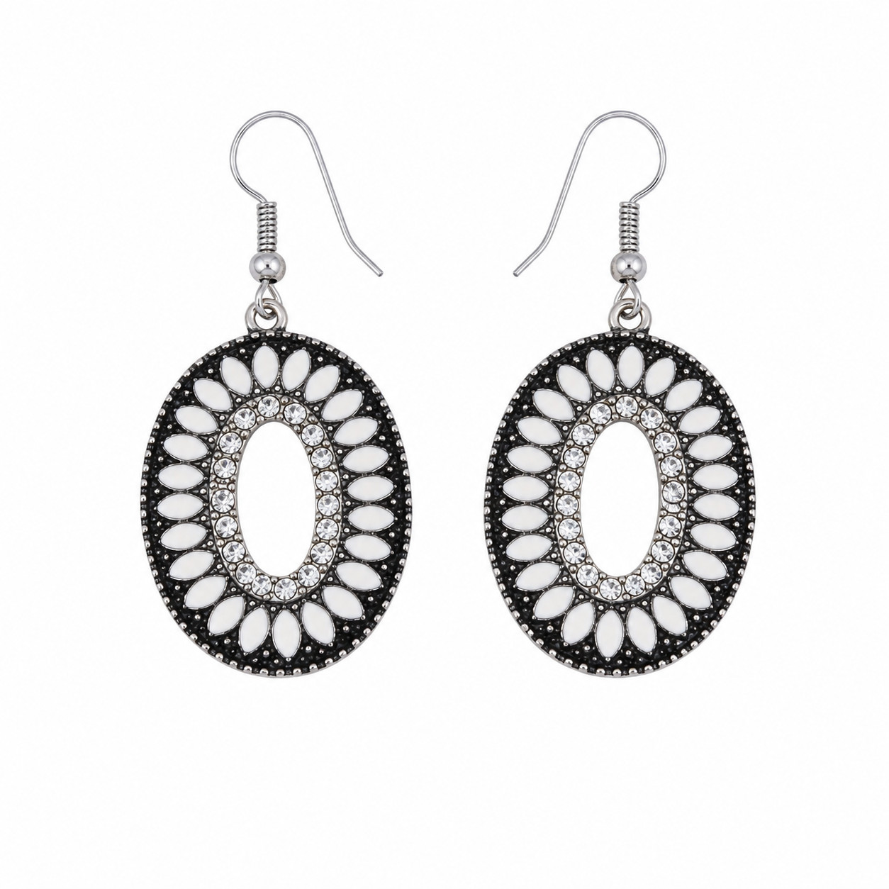 Women’s Silver Tone Oval Dangle Hook Earrings White Enamel Rhinestone Boho