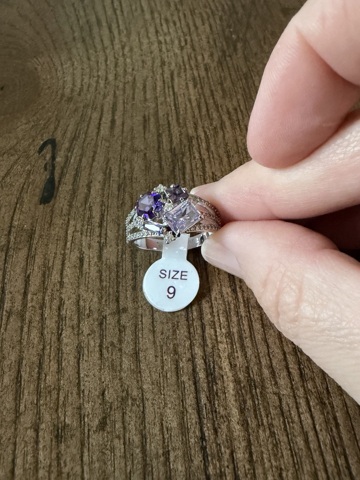 Rhodium Plated Amethyst & Clear CZ Cluster Cocktail Ring Sz. 9