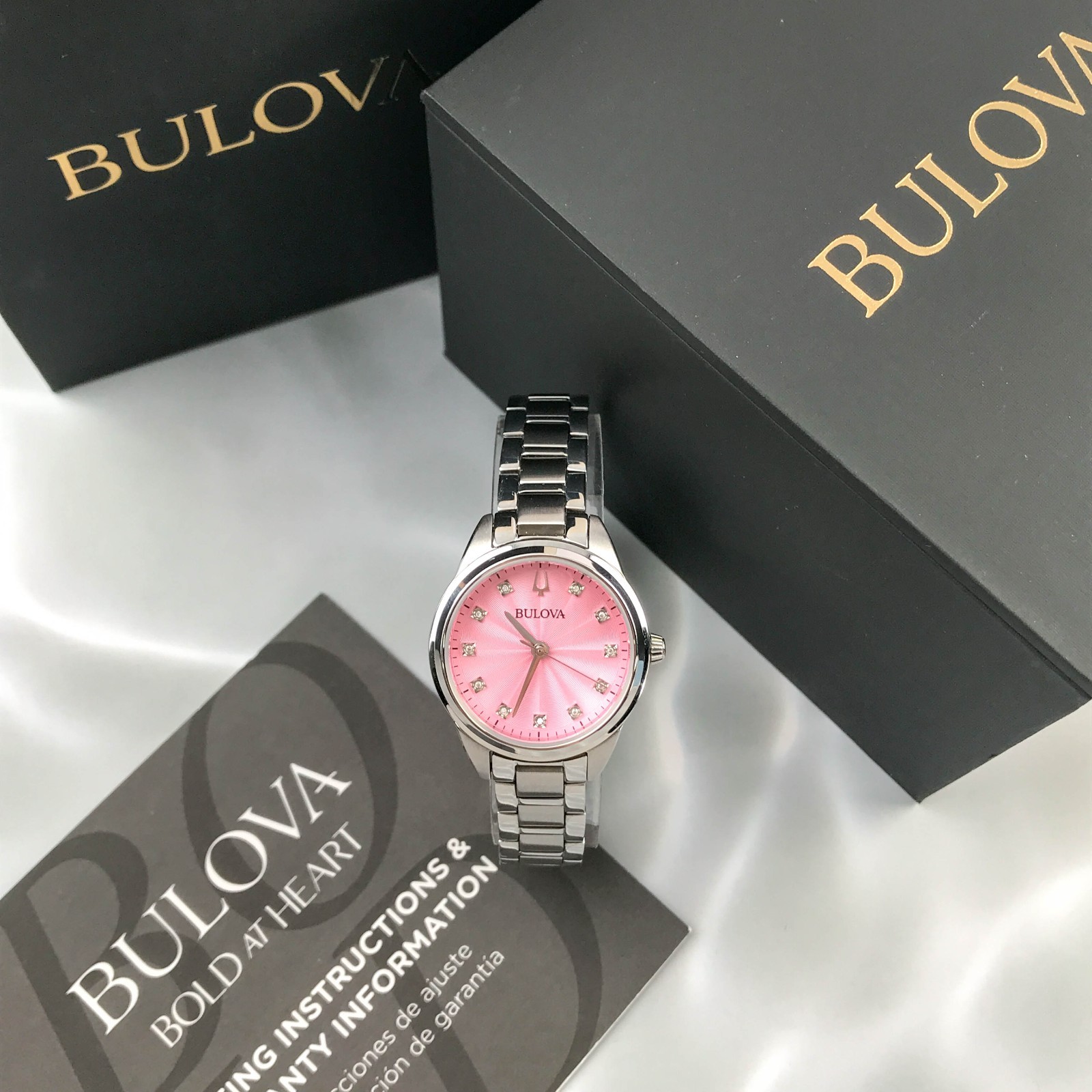 Bulova Classic 96P249 Sutton 11 Diamonds Pink Dial Women’s Quartz Watch 28mm New