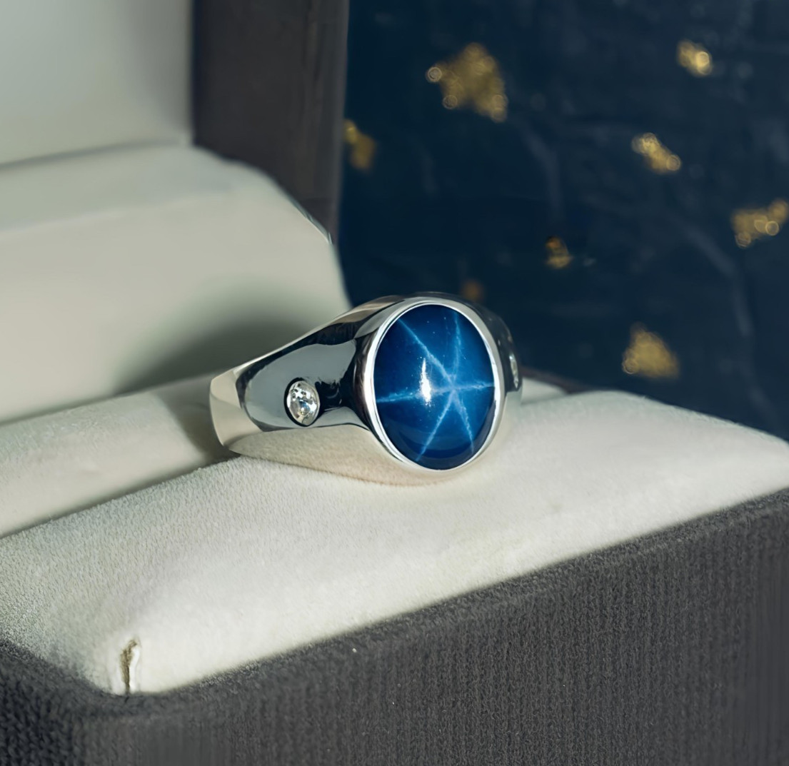 Blue Star Sapphire Mens Ring 925 Sterling Silver Dainty Star Sapphire Ring