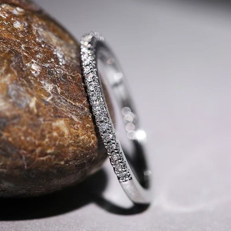 Classic Women 18K Gold Plated 2MM Thin Sparkling CZ Band Ring Wedding Engagement