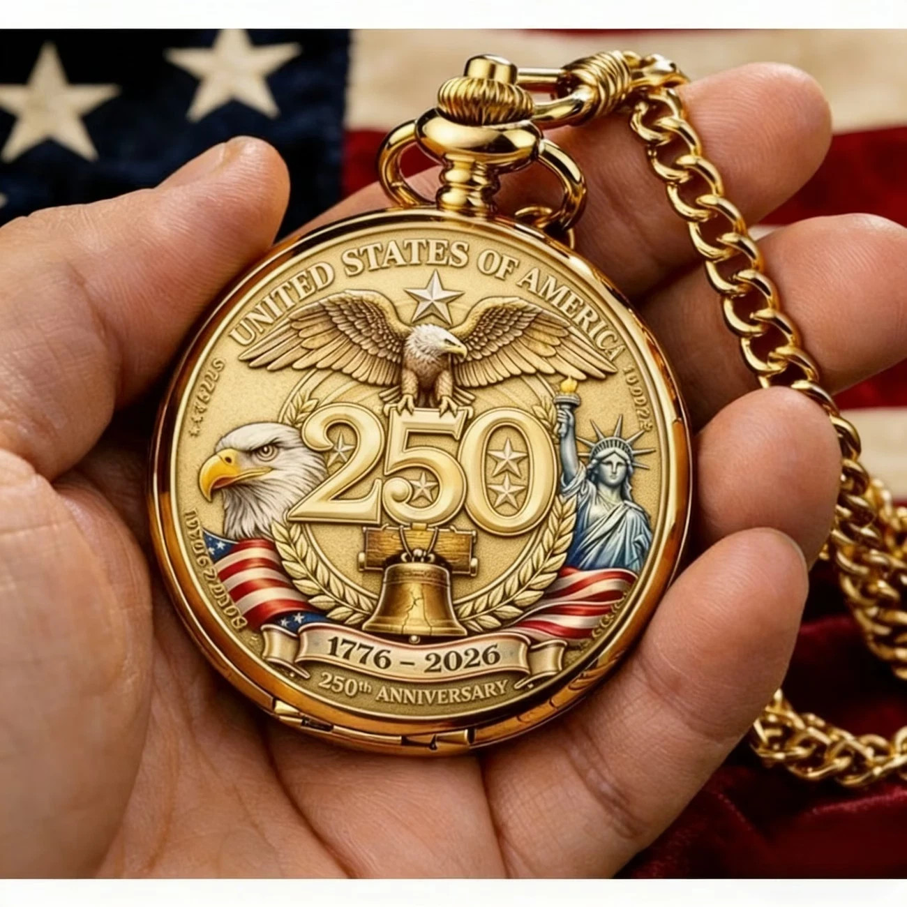 USA 250th Anniversary Pocket Watch Retro Winding Watch Eagle & Statue of Liberty