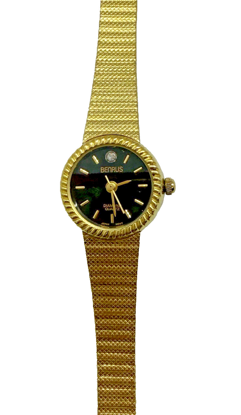 Vtg Benrus Diamond Quartz Women’s Watch Black Dial Gold Tone Stainless Steel