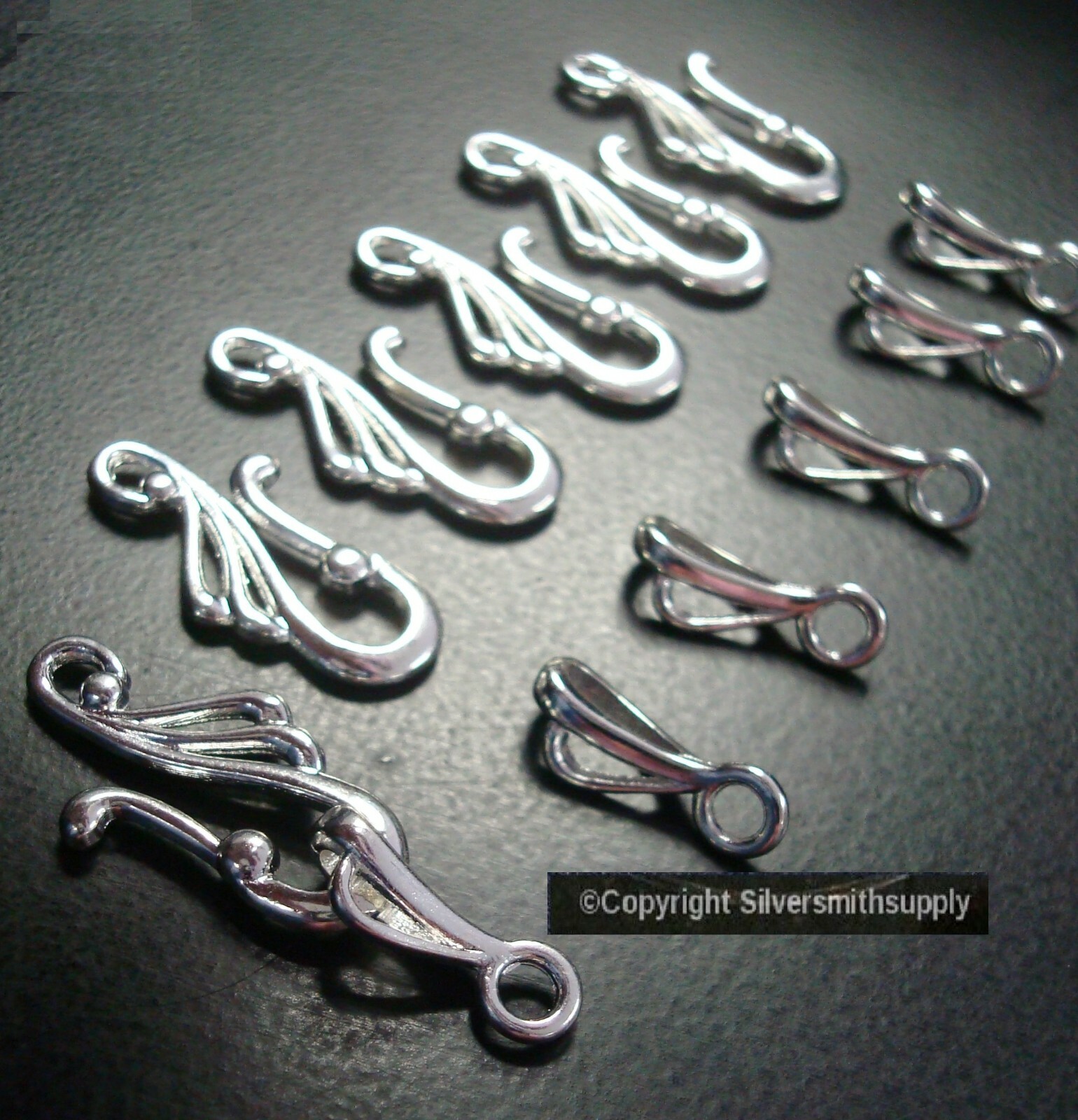 6 Hook & eye clasp sets necklace bracelets anklets BRITE silver plated FPC241