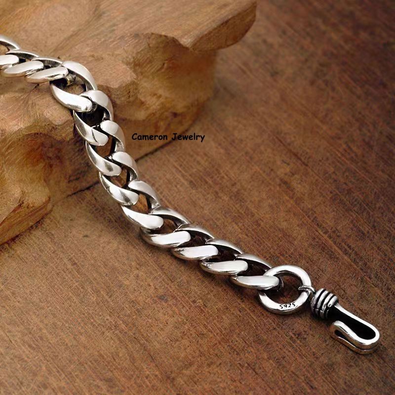 Pure 925 Sterling Silver Chain 9mm Cuban Curb Chain Bracelet For Men
