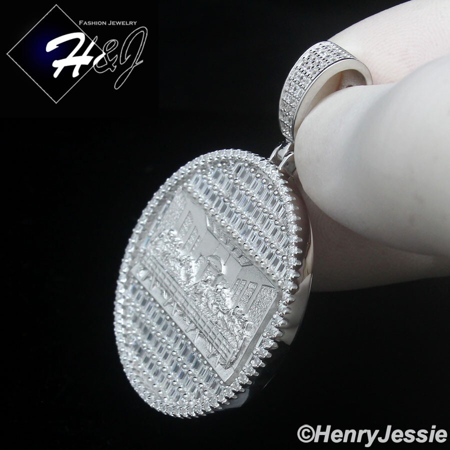 MEN SOLID 925 STERLING SILVER ICY BLING CZ LAST SUPPER JESUS ROUND PENDANT*SP485