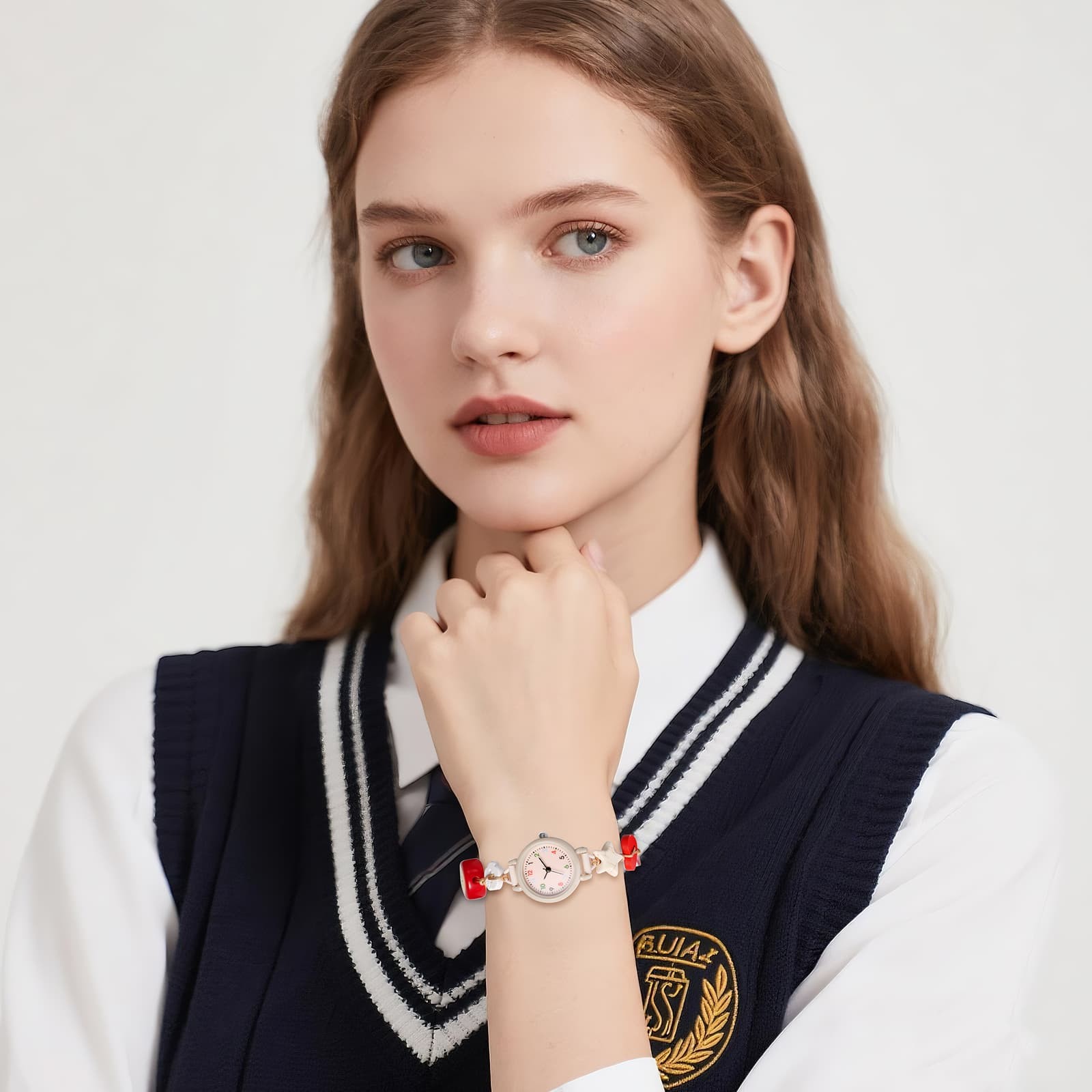 Women Cute Wood Bead Elastic Band Student Wrist Watch Graduation Birthday Gift