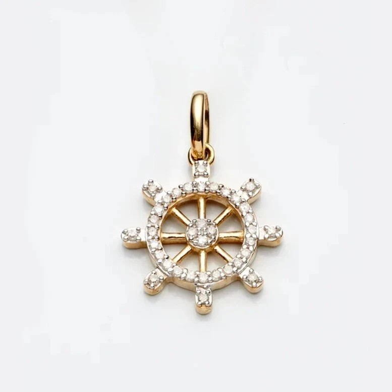 14K Yellow Gold Plated Ship Wheel Charm Pendant 1Ct Real Moissanite Round Cut