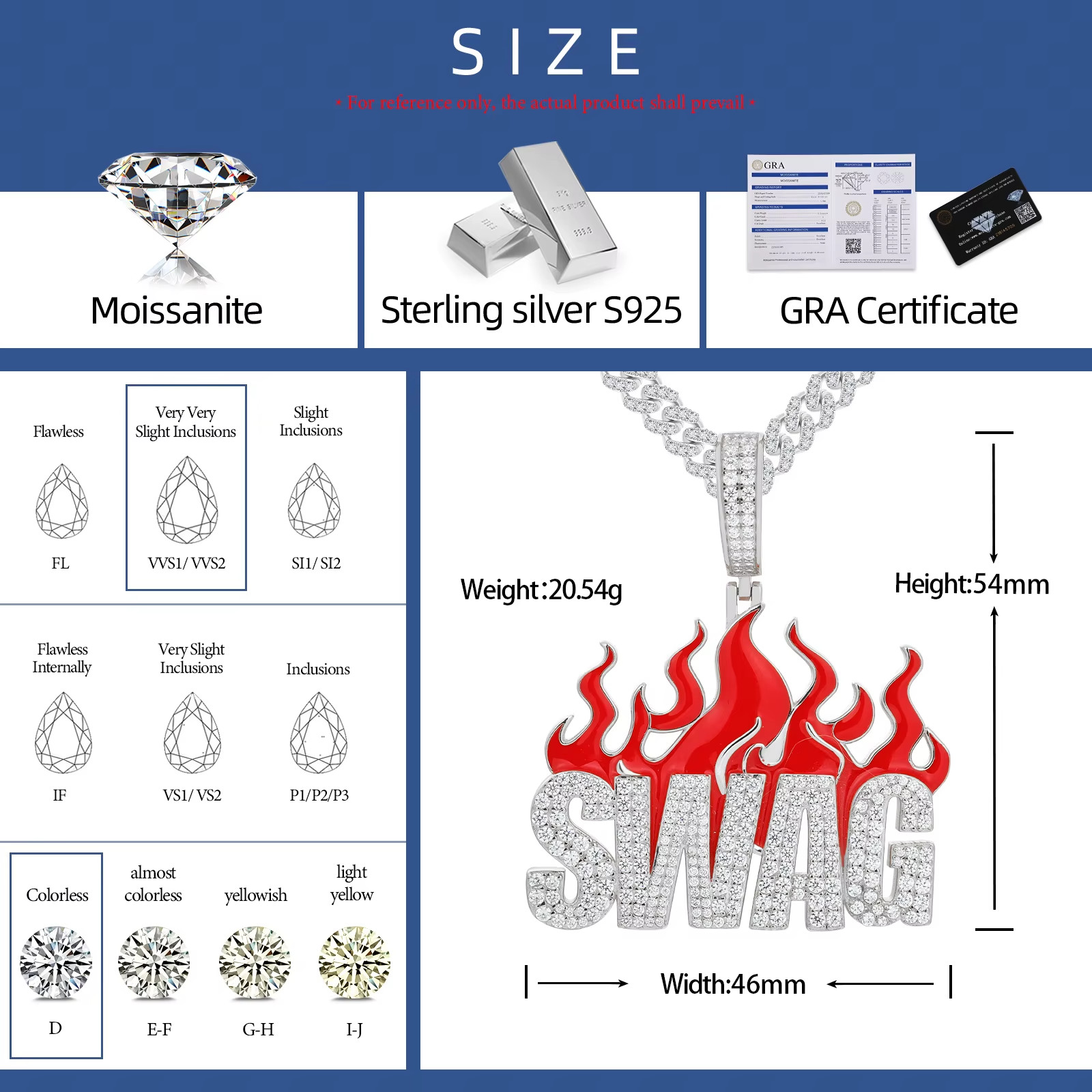 SWAG Flame Moissanite Pendant VVS 925 Silver Iced Out Hip Hop Jewelry for Men