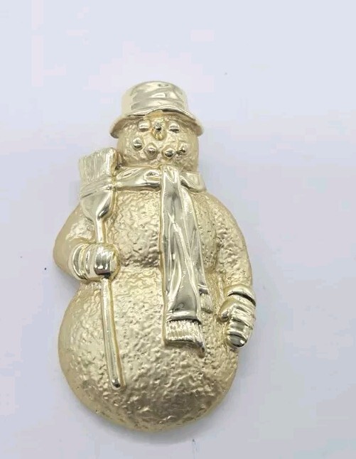 Snowman Brooch Christmas Pin GOLD tone textured 2.5 in signed A.J.C AJC